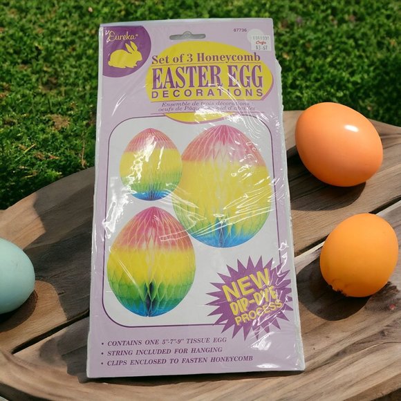 Vtg Honeycomb Dip-Dye Easter Eggs Eureka Decoration Set of 3 NOS - Picture 3 of 7
